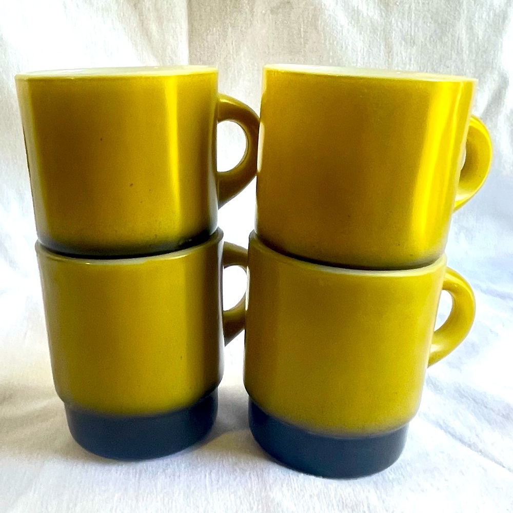 Vintage Fire King Stacking Mugs Yellow Brown Fade Retro 70s MCM Milk Glass